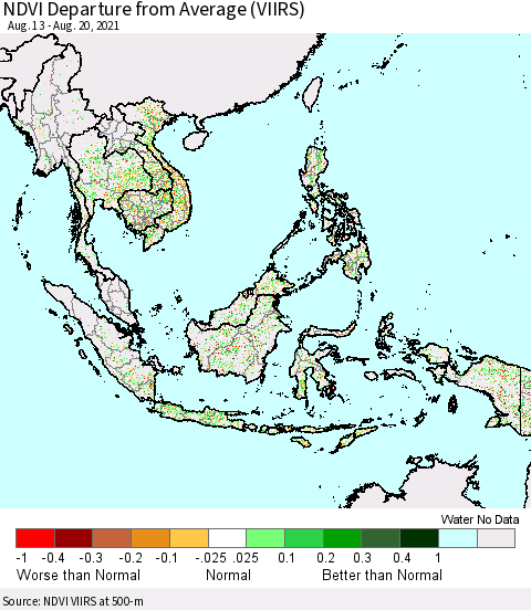 South East Asia NDVI Departure from Average (VIIRS) Thematic Map For 8/13/2021 - 8/20/2021