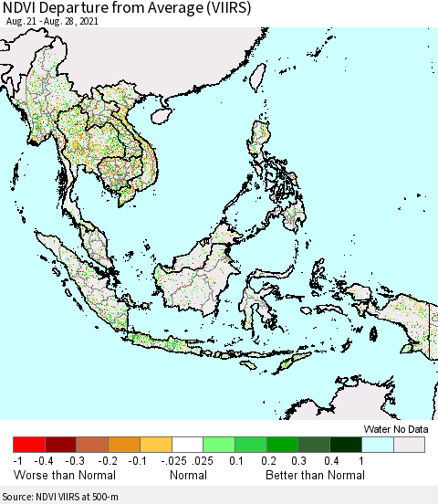 South East Asia NDVI Departure from Average (VIIRS) Thematic Map For 8/21/2021 - 8/28/2021