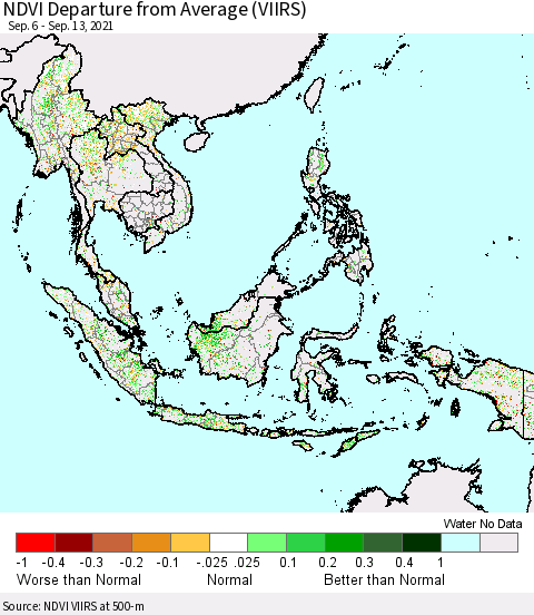 South East Asia NDVI Departure from Average (VIIRS) Thematic Map For 9/6/2021 - 9/13/2021