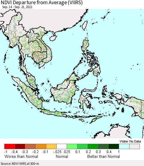South East Asia NDVI Departure from Average (VIIRS) Thematic Map For 9/14/2021 - 9/21/2021