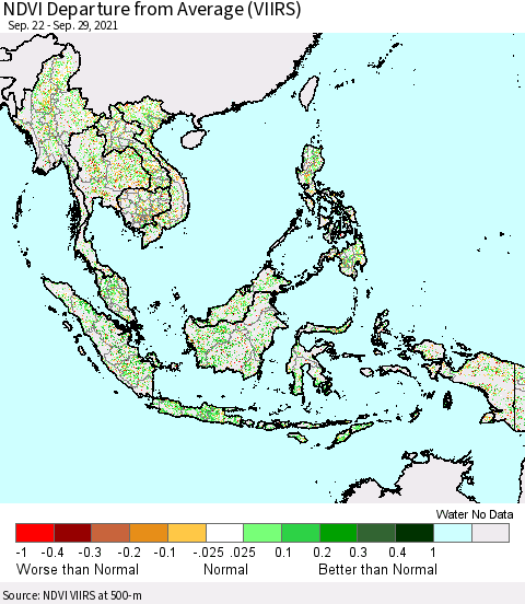 South East Asia NDVI Departure from Average (VIIRS) Thematic Map For 9/22/2021 - 9/29/2021
