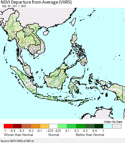 South East Asia NDVI Departure from Average (VIIRS) Thematic Map For 9/30/2021 - 10/7/2021
