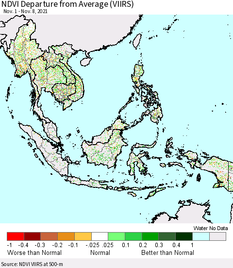 South East Asia NDVI Departure from Average (VIIRS) Thematic Map For 11/1/2021 - 11/8/2021
