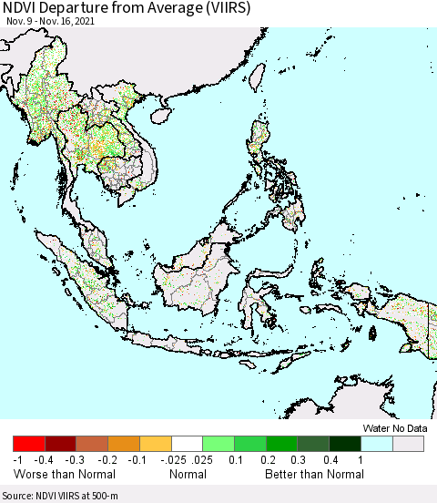 South East Asia NDVI Departure from Average (VIIRS) Thematic Map For 11/9/2021 - 11/16/2021