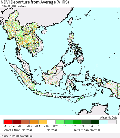 South East Asia NDVI Departure from Average (VIIRS) Thematic Map For 11/25/2021 - 12/2/2021