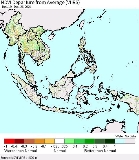 South East Asia NDVI Departure from Average (VIIRS) Thematic Map For 12/19/2021 - 12/26/2021