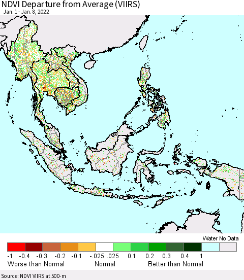 South East Asia NDVI Departure from Average (VIIRS) Thematic Map For 1/1/2022 - 1/8/2022