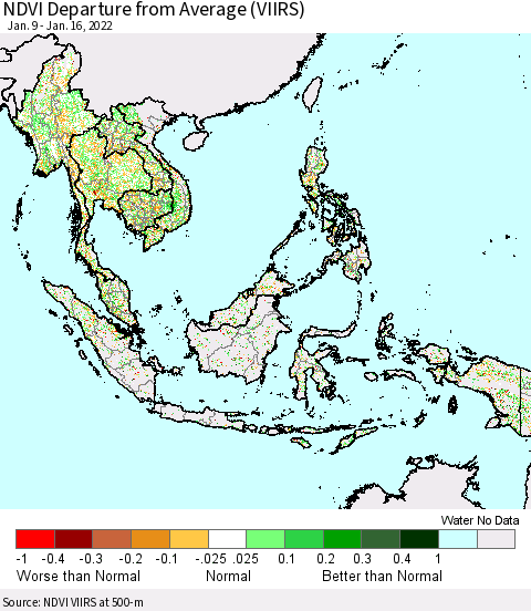 South East Asia NDVI Departure from Average (VIIRS) Thematic Map For 1/9/2022 - 1/16/2022