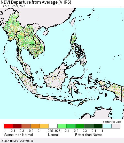 South East Asia NDVI Departure from Average (VIIRS) Thematic Map For 2/2/2022 - 2/9/2022