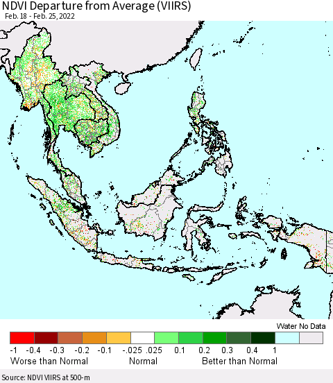 South East Asia NDVI Departure from Average (VIIRS) Thematic Map For 2/18/2022 - 2/25/2022