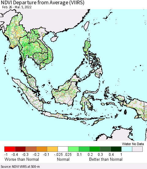 South East Asia NDVI Departure from Average (VIIRS) Thematic Map For 2/26/2022 - 3/5/2022