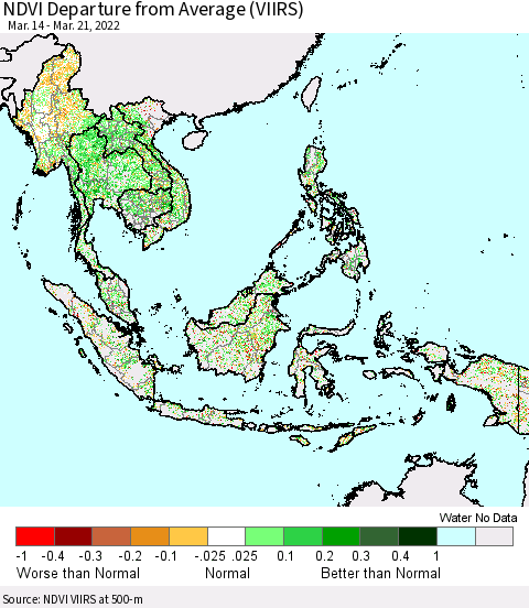 South East Asia NDVI Departure from Average (VIIRS) Thematic Map For 3/14/2022 - 3/21/2022