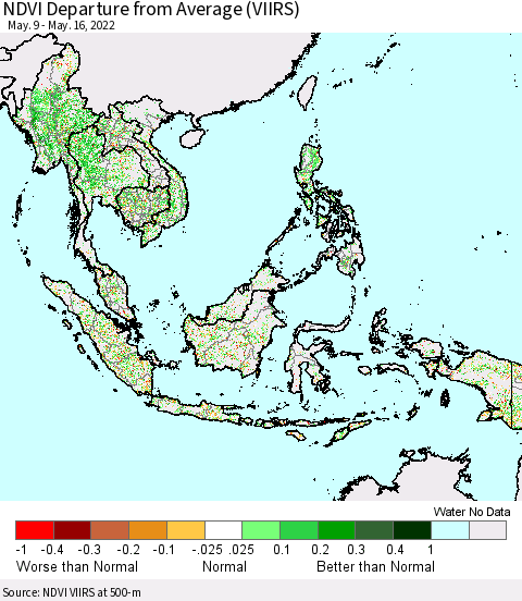 South East Asia NDVI Departure from Average (VIIRS) Thematic Map For 5/9/2022 - 5/16/2022
