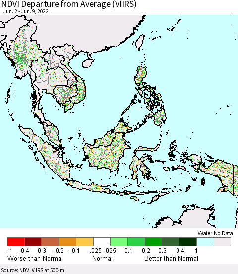South East Asia NDVI Departure from Average (VIIRS) Thematic Map For 6/2/2022 - 6/9/2022