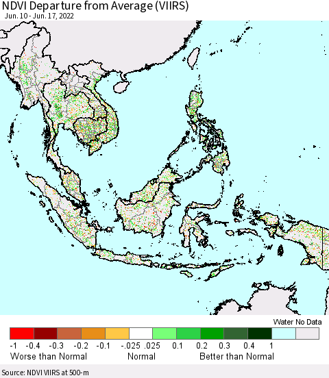 South East Asia NDVI Departure from Average (VIIRS) Thematic Map For 6/10/2022 - 6/17/2022
