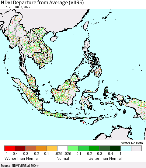 South East Asia NDVI Departure from Average (VIIRS) Thematic Map For 6/26/2022 - 7/3/2022