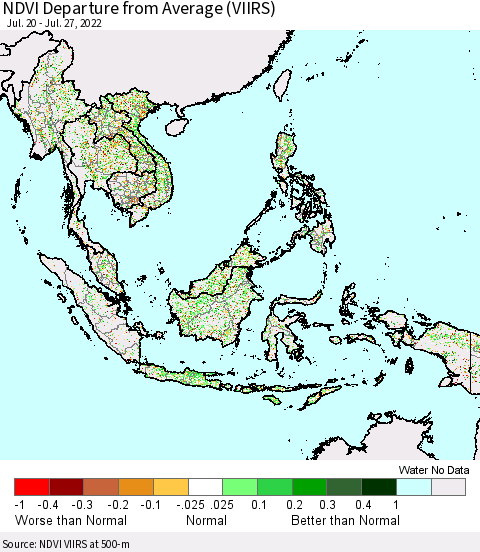 South East Asia NDVI Departure from Average (VIIRS) Thematic Map For 7/20/2022 - 7/27/2022