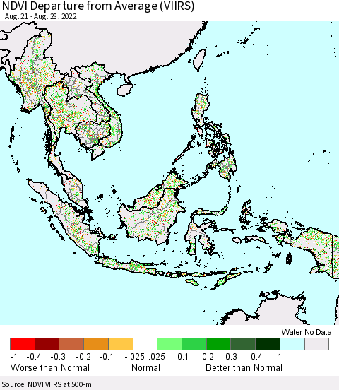 South East Asia NDVI Departure from Average (VIIRS) Thematic Map For 8/21/2022 - 8/28/2022