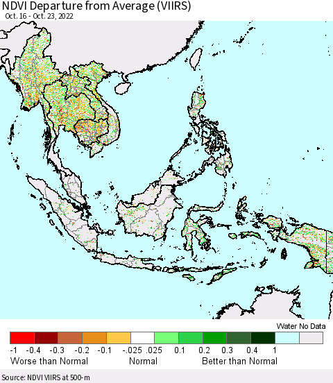 South East Asia NDVI Departure from Average (VIIRS) Thematic Map For 10/16/2022 - 10/23/2022
