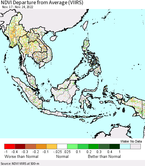 South East Asia NDVI Departure from Average (VIIRS) Thematic Map For 11/17/2022 - 11/24/2022