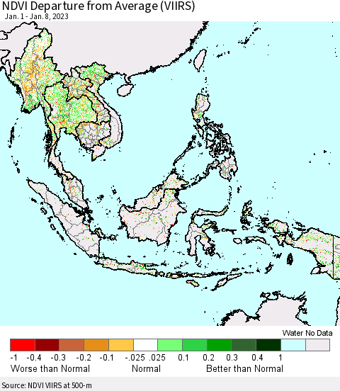 South East Asia NDVI Departure from Average (VIIRS) Thematic Map For 1/1/2023 - 1/8/2023