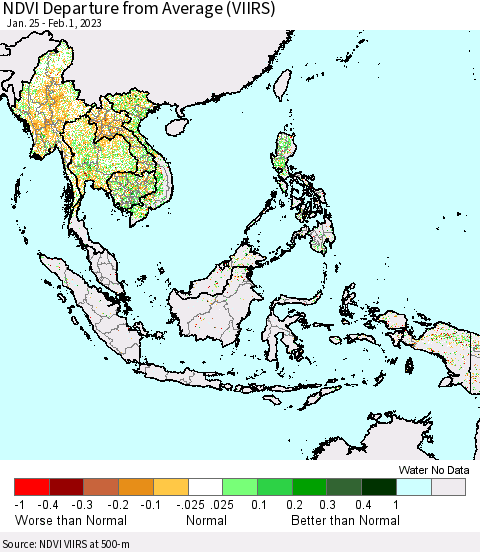 South East Asia NDVI Departure from Average (VIIRS) Thematic Map For 1/25/2023 - 2/1/2023