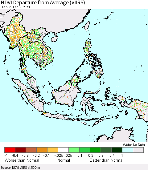 South East Asia NDVI Departure from Average (VIIRS) Thematic Map For 2/2/2023 - 2/9/2023