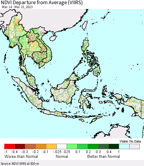 South East Asia NDVI Departure from Average (VIIRS) Thematic Map For 3/14/2023 - 3/21/2023