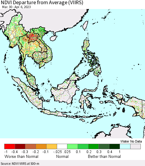 South East Asia NDVI Departure from Average (VIIRS) Thematic Map For 3/30/2023 - 4/6/2023