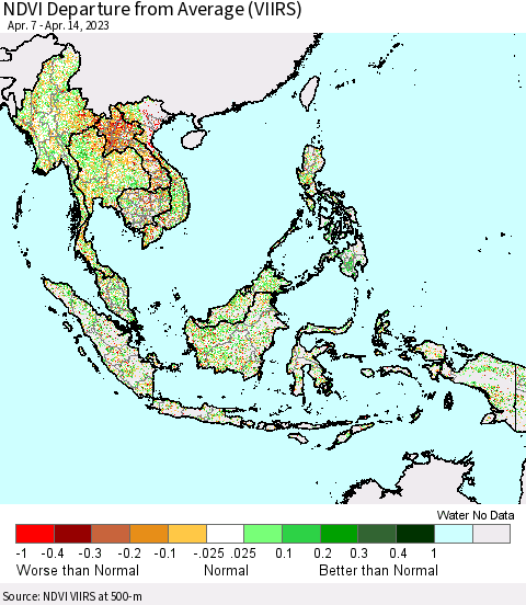 South East Asia NDVI Departure from Average (VIIRS) Thematic Map For 4/7/2023 - 4/14/2023