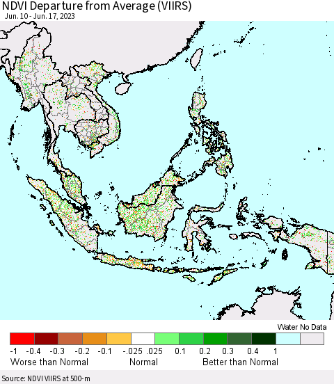 South East Asia NDVI Departure from Average (VIIRS) Thematic Map For 6/10/2023 - 6/17/2023