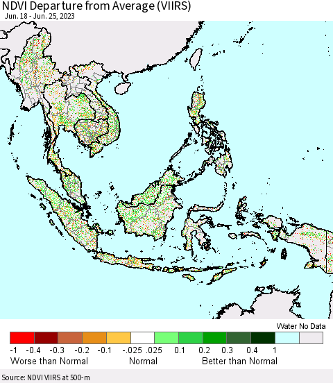 South East Asia NDVI Departure from Average (VIIRS) Thematic Map For 6/18/2023 - 6/25/2023