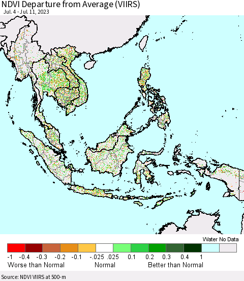 South East Asia NDVI Departure from Average (VIIRS) Thematic Map For 7/4/2023 - 7/11/2023