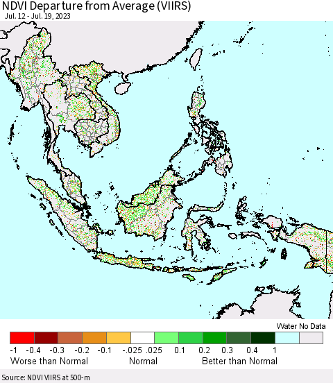 South East Asia NDVI Departure from Average (VIIRS) Thematic Map For 7/12/2023 - 7/19/2023