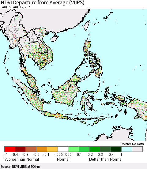 South East Asia NDVI Departure from Average (VIIRS) Thematic Map For 8/5/2023 - 8/12/2023