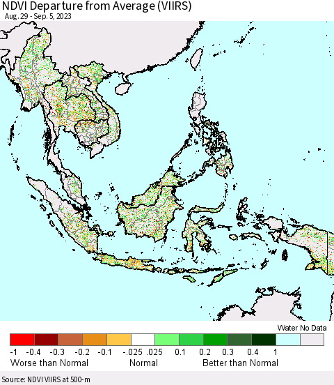 South East Asia NDVI Departure from Average (VIIRS) Thematic Map For 8/29/2023 - 9/5/2023