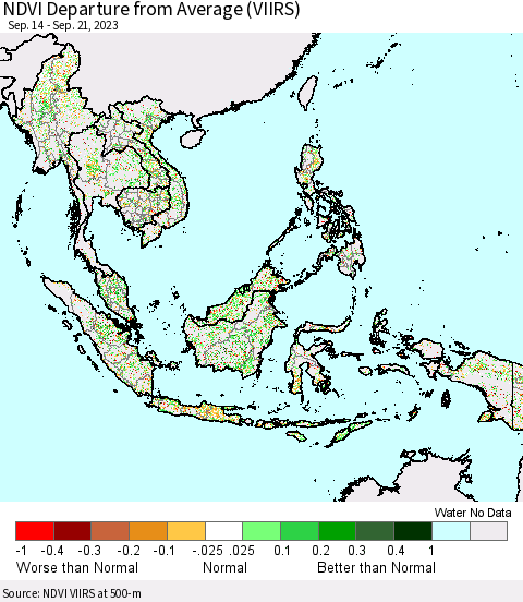 South East Asia NDVI Departure from Average (VIIRS) Thematic Map For 9/14/2023 - 9/21/2023