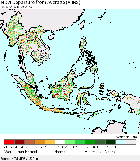 South East Asia NDVI Departure from Average (VIIRS) Thematic Map For 9/22/2023 - 9/29/2023
