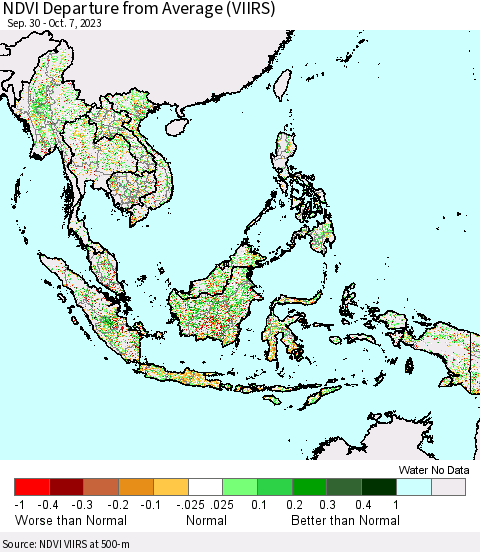South East Asia NDVI Departure from Average (VIIRS) Thematic Map For 9/30/2023 - 10/7/2023