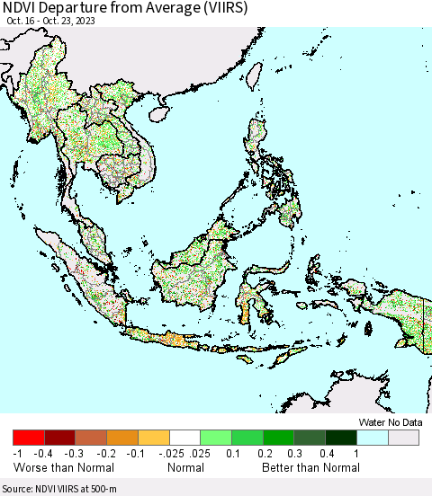 South East Asia NDVI Departure from Average (VIIRS) Thematic Map For 10/16/2023 - 10/23/2023