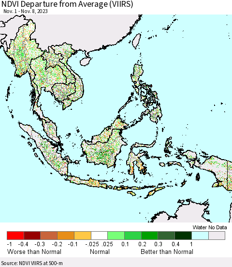 South East Asia NDVI Departure from Average (VIIRS) Thematic Map For 11/1/2023 - 11/8/2023
