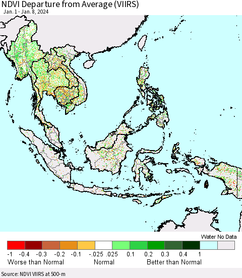 South East Asia NDVI Departure from Average (VIIRS) Thematic Map For 1/1/2024 - 1/8/2024