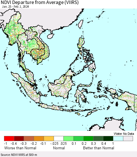 South East Asia NDVI Departure from Average (VIIRS) Thematic Map For 1/25/2024 - 2/1/2024