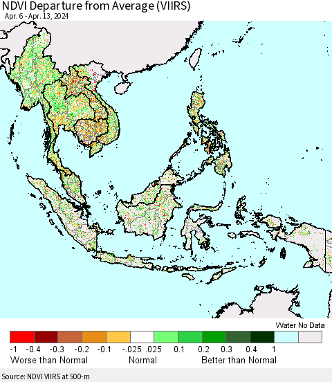 South East Asia NDVI Departure from Average (VIIRS) Thematic Map For 4/6/2024 - 4/13/2024