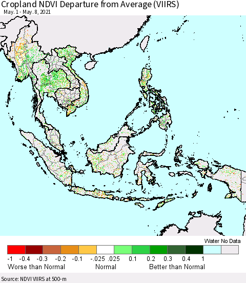 South East Asia Cropland NDVI Departure from Average (VIIRS) Thematic Map For 5/1/2021 - 5/8/2021