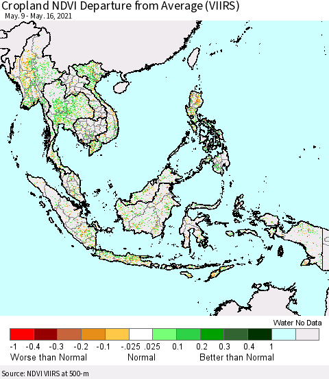 South East Asia Cropland NDVI Departure from Average (VIIRS) Thematic Map For 5/9/2021 - 5/16/2021