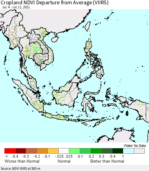 South East Asia Cropland NDVI Departure from Average (VIIRS) Thematic Map For 7/4/2021 - 7/11/2021