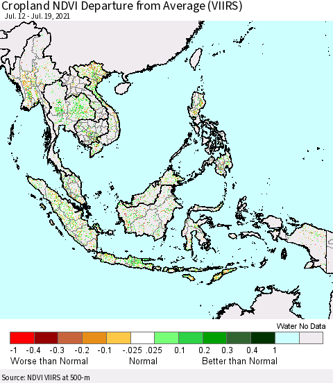 South East Asia Cropland NDVI Departure from Average (VIIRS) Thematic Map For 7/12/2021 - 7/19/2021