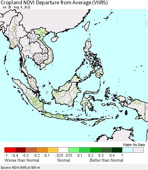 South East Asia Cropland NDVI Departure from Average (VIIRS) Thematic Map For 7/28/2021 - 8/4/2021