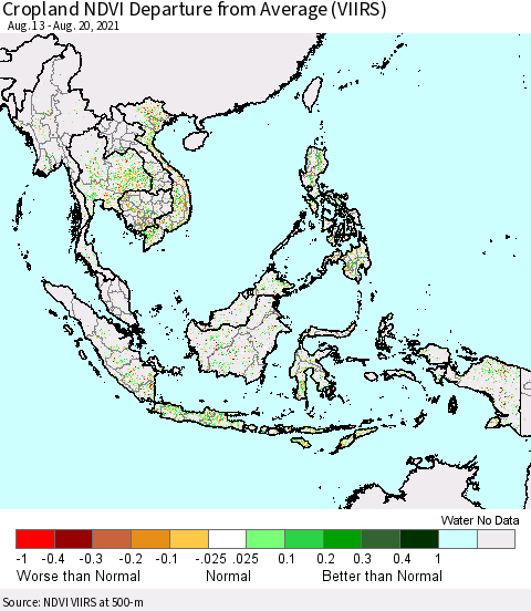 South East Asia Cropland NDVI Departure from Average (VIIRS) Thematic Map For 8/13/2021 - 8/20/2021